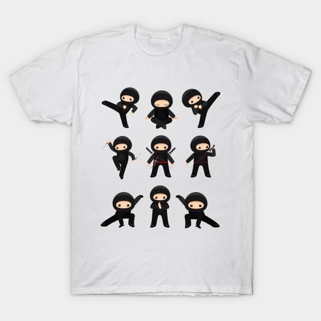 Japanese Ninja Cute Kawaii Different Poses T-Shirt by Enriched by Art